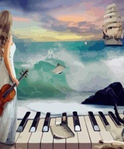 Lady with Piano and Violin at the Beach paint by numbers
