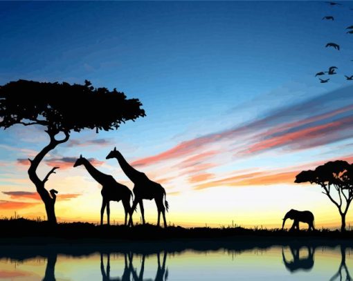 African Animals Silhouette Landscape paint by numbers