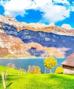 Swiss Cottage Landscape paint by number