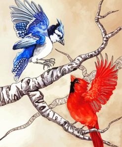 Cardinal And Blue Jay Birds On Branch paint by numbers