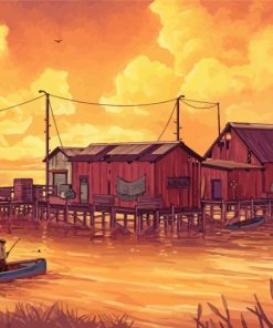 Fishing Village Sunset Art paint by numbers