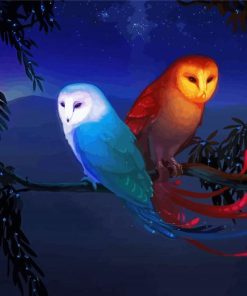 Red And Blue Bird Owls On Branch paint by numbers