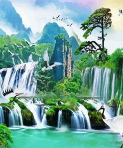 Riverfront Waterfall Nature Scene paint by numbers