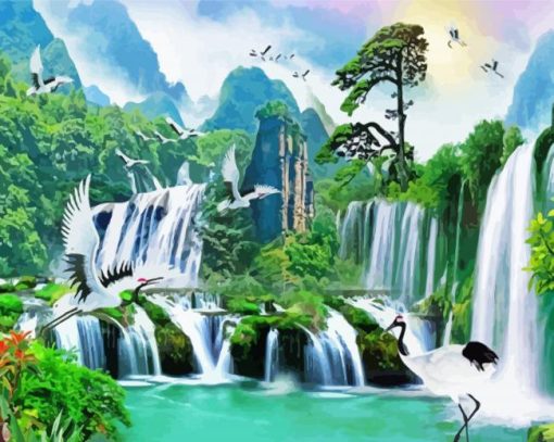 Riverfront Waterfall Nature Scene paint by numbers