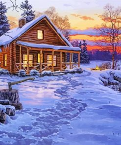 Winter Cabin In The Forest Sunset paint by numbers