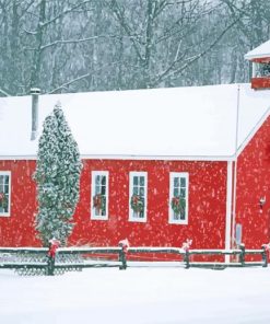 Red Barn With Snow paint by numbers