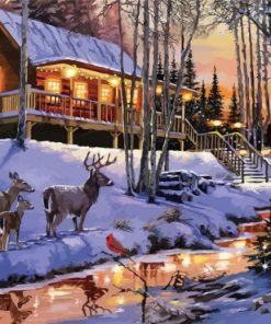 Snow Cabin Win Woods With Deer Paint By Numbers