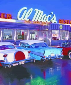 Old American Diners With Old Cars Outside Poster Paint By Numbers