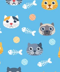 Cute Cat Pattern On Blue Background Paint By Numbers