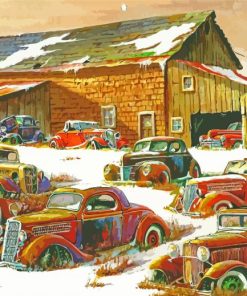 Old Cars In Snowy Yard Paint By Numbers