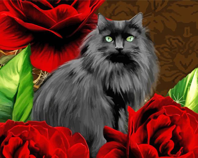 Black Cats With Red Flowers Art Paint By Numbers