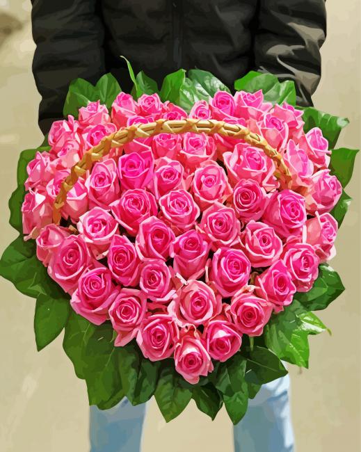 Basket Of Pink Roses Paint By Numbers