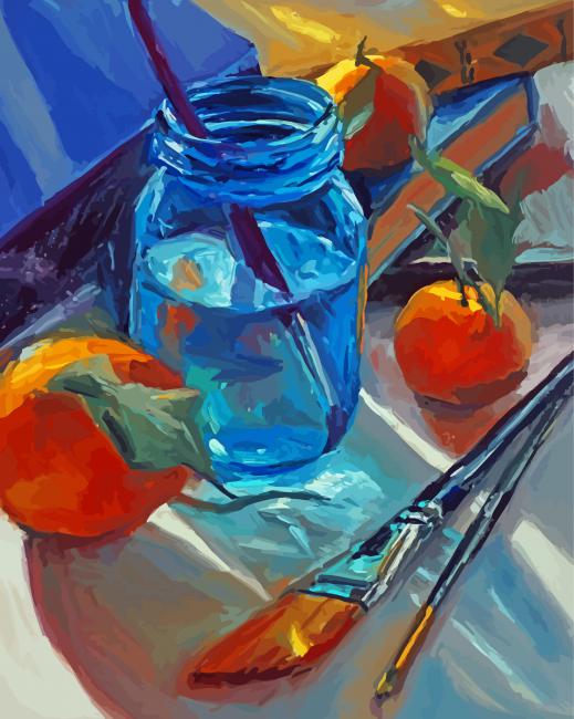 Blue Mason Jar And Oranges Paint By Numbers