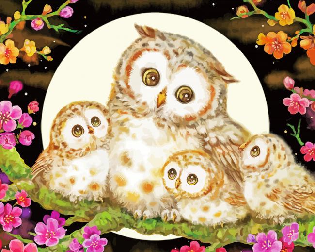 Owls With Flowers Paint By Numbers