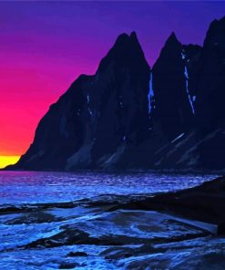 Pink Sunset With Mountain And Waves Paint By Numbers