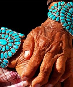Old Woman Hands Wearing Jewelry Turquoise Paint By Numbers