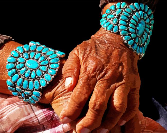 Old Woman Hands Wearing Jewelry Turquoise Paint By Numbers
